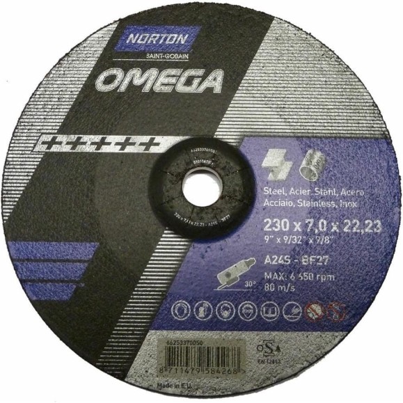Круг зачистной по металлу и нержавеющей стали N-Omega (230x7x22.23 мм; A24S) Norton 66253370050 Круг зачистной по металлу и нержавеющей стали N-Omega (230x7x22.23 мм; A24S) Norton 66253370050