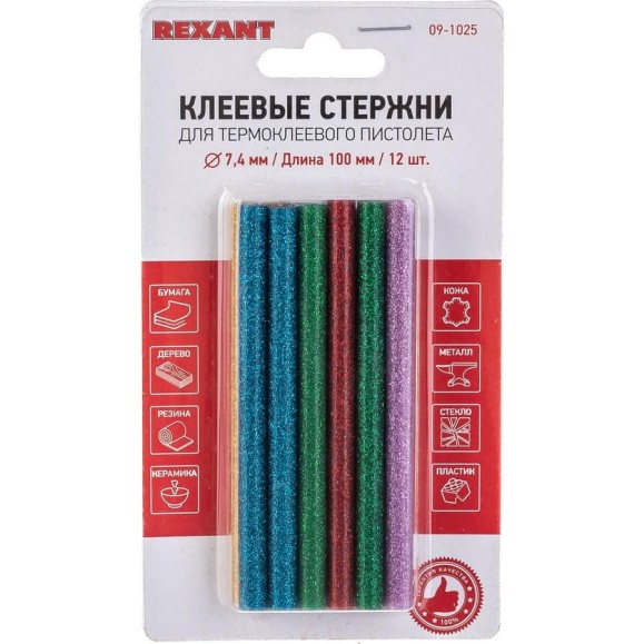 Клеевые стержни (d=7,4 мм, L=100 мм, цветные с блестками, 12 шт.) Rexant 09-1025 Клеевые стержни (d=7,4 мм, L=100 мм, цветные с блестками, 12 шт.) Rexant 09-1025
