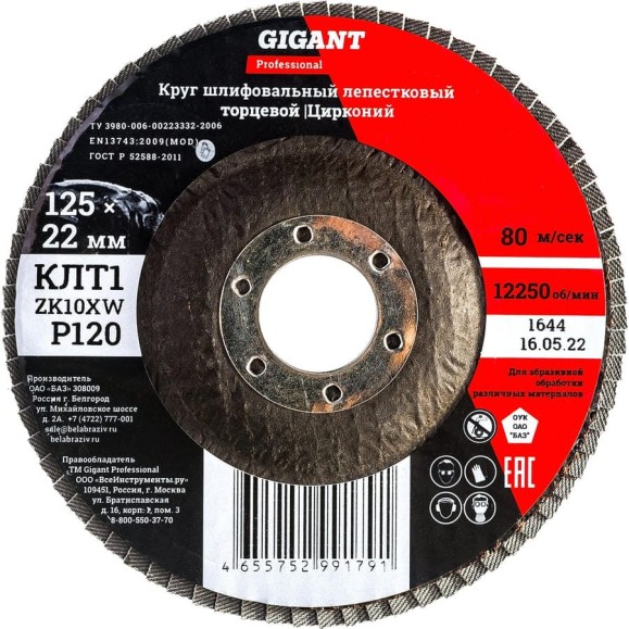 Круг лепестковый Professional 125х22.2 мм, P120, цирконий Gigant GNT-P120 Круг лепестковый Professional 125х22.2 мм, P120, цирконий Gigant GNT-P120