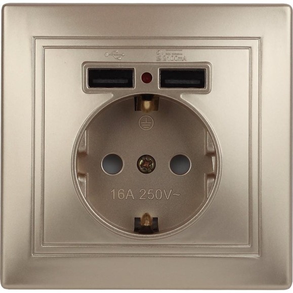 Розетка Intro Plano с заземлением 2P+E Schuko со шторками, 2хUSB 5В-2,1А, IP20, СУ, шампань, Б0053945 Розетка Intro Plano с заземлением 2P+E Schuko со шторками, 2хUSB 5В-2,1А, IP20, СУ, шампань, Б0053945