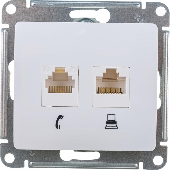 Механизм розетки Systeme Electric компьютерная + телефонная 2-м СП Glossa RJ11 + RJ45 белый GSL000185
