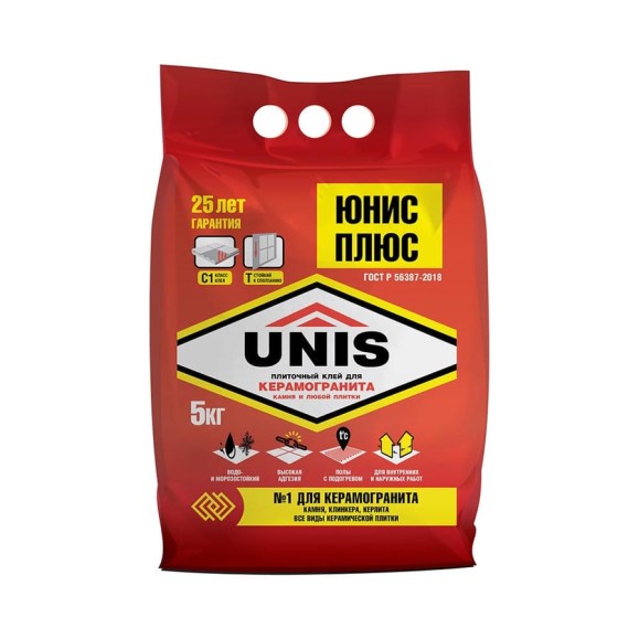 Плиточный клей UNIS Плюс, повыш. прочности, класс C1T, 5 кг 26219