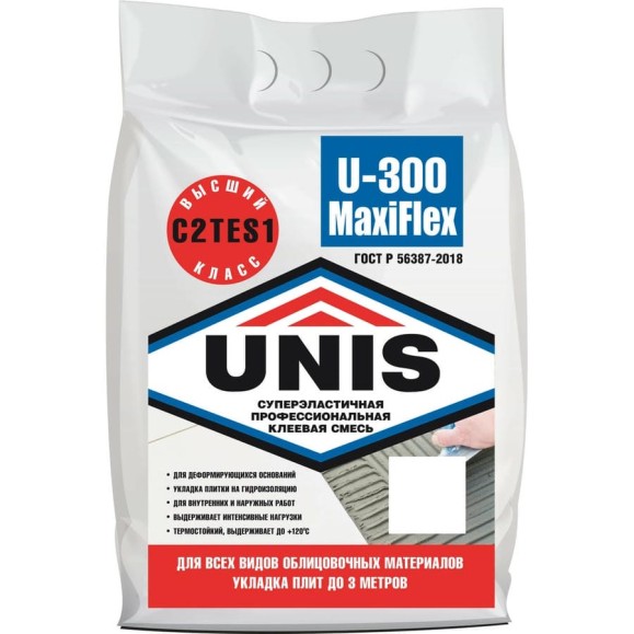 Плиточный клей UNIS U-300 MaxiFlex 5 кг, С2ТЕS1 4607005184719 Плиточный клей UNIS U-300 MaxiFlex 5 кг, С2ТЕS1 4607005184719