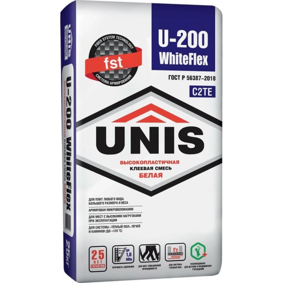 Плиточный клей UNIS WHITEFLEX U-200 белый, высокопластичный, 25 кг, С2ТE 4607005184559 Плиточный клей UNIS WHITEFLEX U-200 белый, высокопластичный, 25 кг, С2ТE 4607005184559