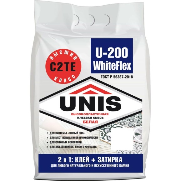 Плиточный клей UNIS WHITEFLEX U-200 белый, высокопластичный, 5 кг, С2ТE 4607005184726 Плиточный клей UNIS WHITEFLEX U-200 белый, высокопластичный, 5 кг, С2ТE 4607005184726
