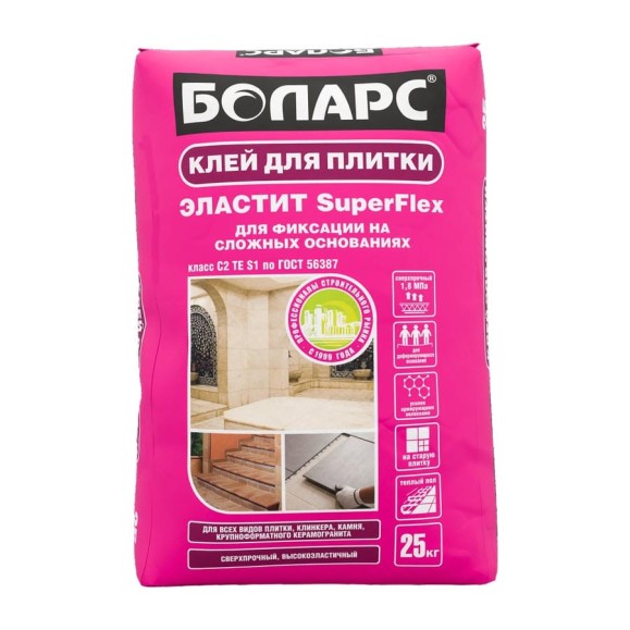 Клей для плитки БОЛАРС Эластит класс C2TES1, 25 кг 00000003747