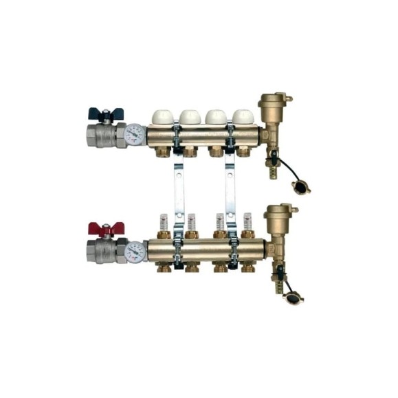 Коллекторная группа Tiemme 4 отвода 1" с расходомерами, латунь 3870005 / 3871G060504