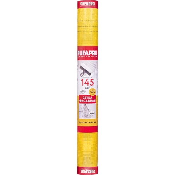 Фасадная стеклотканевая сетка PUFAPRO 5х5 мм, 145 г/кв.м, 1 м х 30 м, желтая 71703000 Фасадная стеклотканевая сетка PUFAPRO 5х5 мм, 145 г/кв.м, 1 м х 30 м, желтая 71703000