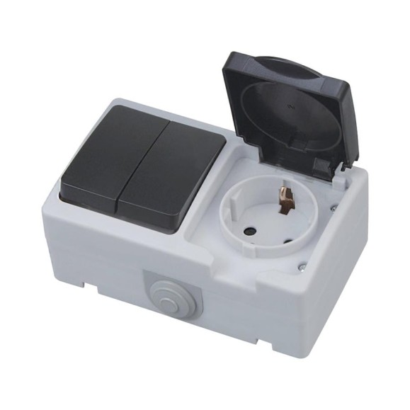 Одиночная накладная розетка с двойным выключателем HOROZ ELECTRIC 112-100-0005 10A/250V IP54 с/з ATOM (1-GANG GROUNDED SOCKET & 2-GANG ON HRZ01001527 Одиночная накладная розетка с двойным выключателем HOROZ ELECTRIC 112-100-0005 10A/250V IP54 с/з ATOM (1-GANG GROUNDED SOCKET & 2-GANG ON HRZ01001527