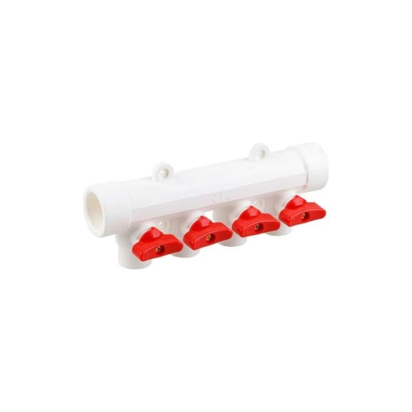Коллектор с шаровым краном RTP красный PPR 32x20/4 белый 28206