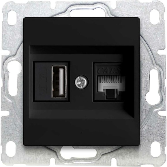 Розетка Metronex Electric Roma USB + LAN двойная без рамки Черная FRZ00050208BEL Розетка Metronex Electric Roma USB + LAN двойная без рамки Черная FRZ00050208BEL