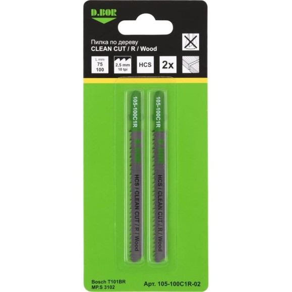 Пилки по дереву 75/100 мм, 2.5 мм, HCS, CLEAN CUT, R, Wood, 2 шт D.BOR D-105-100C1R-02