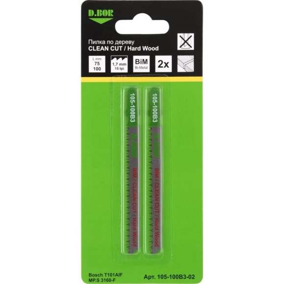 Пилки по дереву 75/100 мм, 1.7 мм, BIM, CLEAN CUT, Hard Wood, 2 шт D.BOR D-105-100B3-02