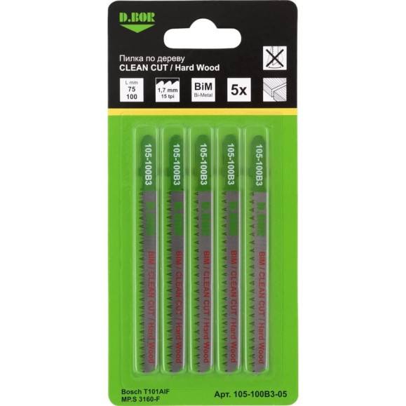 Пилки по дереву 75/100 мм, 1.7 мм, BIM, CLEAN CUT, Hard Wood, 5 шт D.BOR D-105-100B3-05