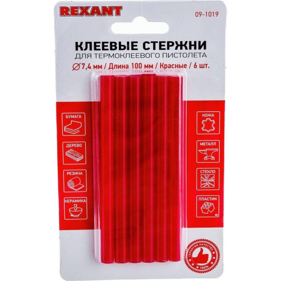 Клеевые стержни Rexant 7х100 мм красные 6 шт. 09-1019 Клеевые стержни Rexant 7х100 мм красные 6 шт. 09-1019