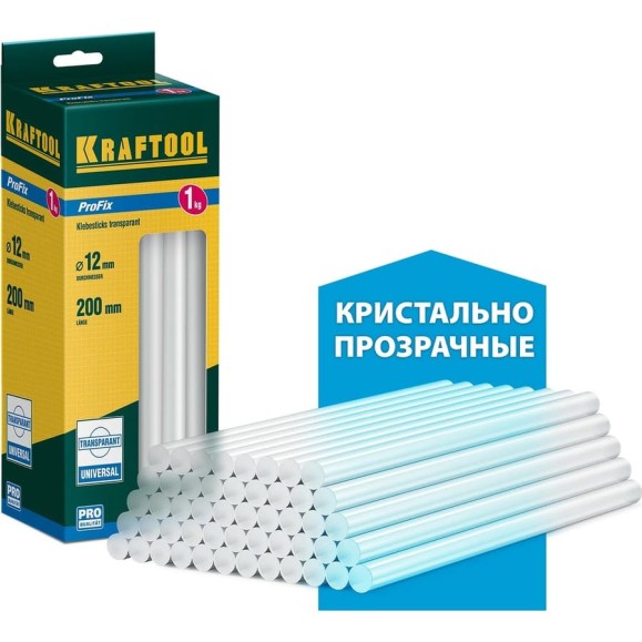 Клеевые прозрачные стержни KRAFTOOL ProFix 50 шт, 11-12x200 мм, 1 кг 06848-12 Клеевые прозрачные стержни KRAFTOOL ProFix 50 шт, 11-12x200 мм, 1 кг 06848-12