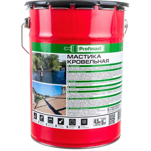 Кровельная мастика Profimast 5 л / 4,5 кг 4607952900608 Кровельная мастика Profimast 5 л / 4,5 кг 4607952900608