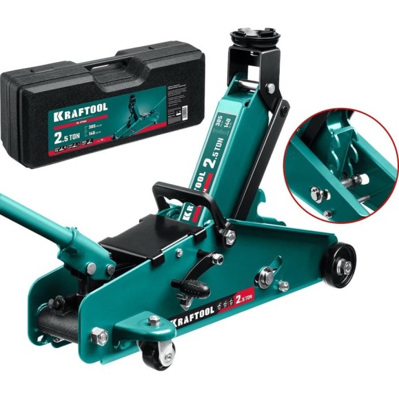 Подкатной домкрат с увеличенным подъемом и фиксатором KRAFTOOL S-PIN 2.5т, 140-385 мм, в кейсе 43457-2.5-K Подкатной домкрат с увеличенным подъемом и фиксатором KRAFTOOL S-PIN 2.5т, 140-385 мм, в кейсе 43457-2.5-K