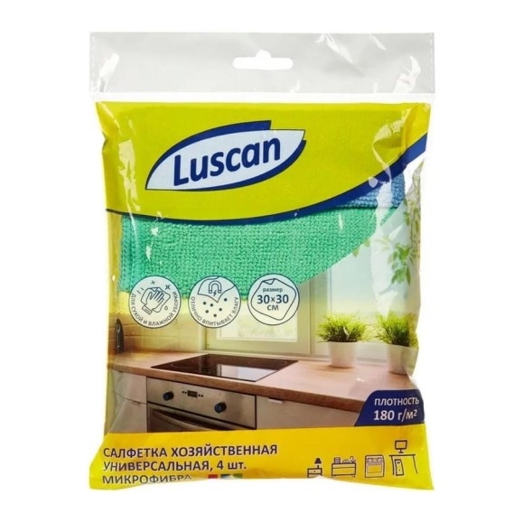 Хозяйственные салфетки Luscan универсальные, микрофибра, 180 г., 30x30 см., 4шт/уп 957393