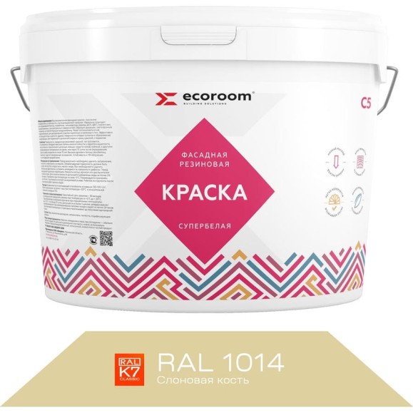 Фасадная резиновая краска ECOROOM RAL 1014 слоновая кость, 7 кг Е-Кр-3383/1014 Фасадная резиновая краска ECOROOM RAL 1014 слоновая кость, 7 кг Е-Кр-3383/1014