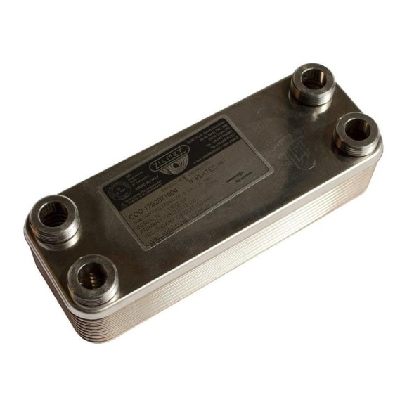 Паяный теплообменник Zilmet ZВ207/16P соединитель 3/4" нержавеющая сталь, р-ры: 207x77мм, рабочее давление А-В 8 бар, С-D 3 бара t = -10 +120 C 17B2071604