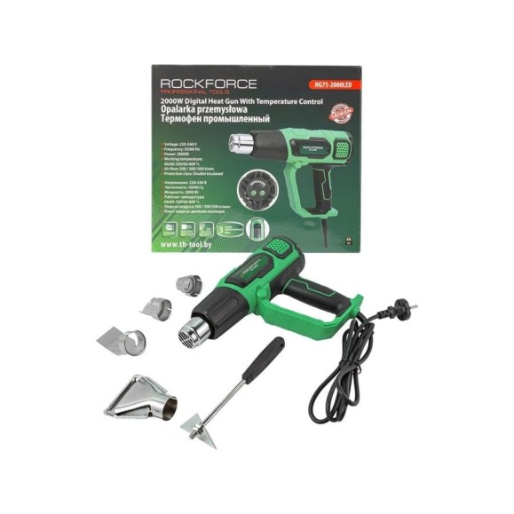 Промышленный фен с индикацией температуры и насадками ROCKFORCE RF-HG75-2000LED(52353) Промышленный фен с индикацией температуры и насадками ROCKFORCE RF-HG75-2000LED(52353)