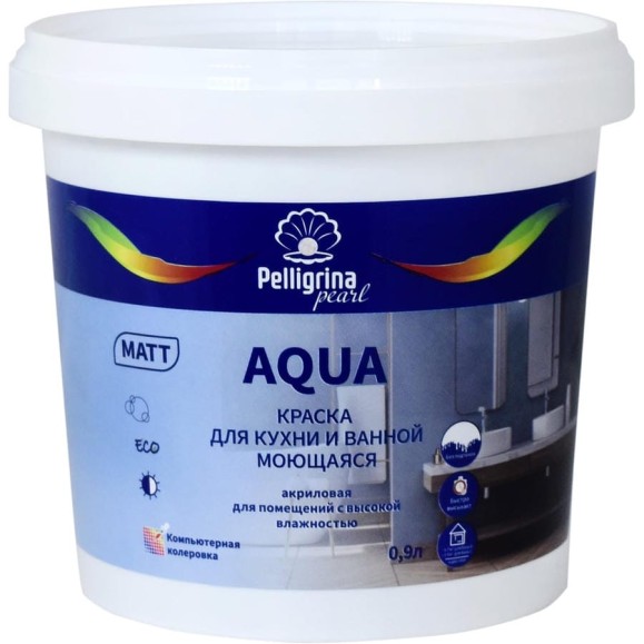 Краска для кухни и ванной PELLIGRINA PAINT aqua, акриловая, матовая, база А, белая, 0.9 л 256878 Краска для кухни и ванной PELLIGRINA PAINT aqua, акриловая, матовая, база А, белая, 0.9 л 256878
