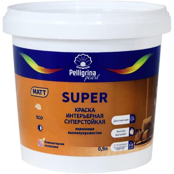 Интерьерная краска PELLIGRINA PAINT super, акриловая, матовая, база С, бесцветная, 0.9 л 256887 Интерьерная краска PELLIGRINA PAINT super, акриловая, матовая, база С, бесцветная, 0.9 л 256887