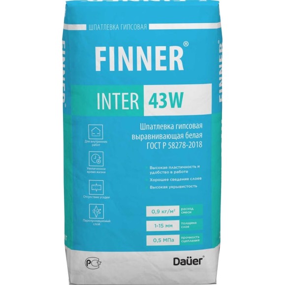 Гипсовая выравнивающая шпатлевка Dauer finner inter 43w белая. 20 кг 31676 Гипсовая выравнивающая шпатлевка Dauer finner inter 43w белая. 20 кг 31676