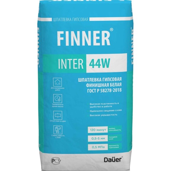 Гипсовая финишная шпатлевка Dauer finner inter 44w белая, 20 кг 31690 Гипсовая финишная шпатлевка Dauer finner inter 44w белая, 20 кг 31690