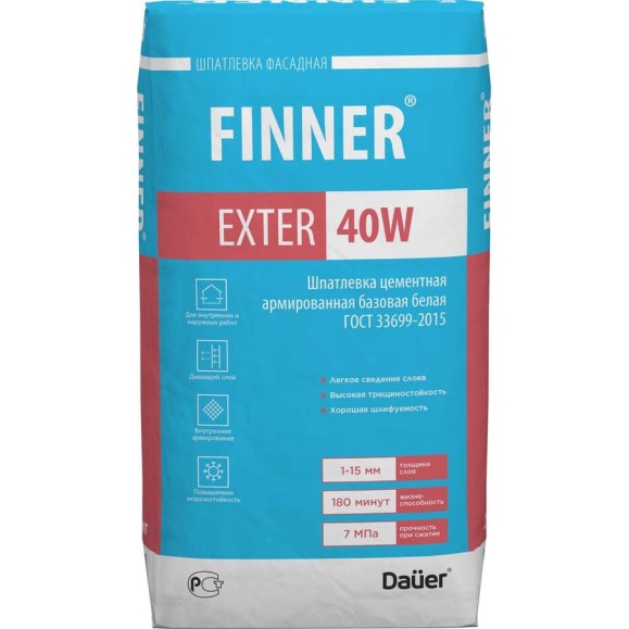 Цементная армированная базовая шпатлевка Dauer finner exter 40w белая, 25 кг 31591 Цементная армированная базовая шпатлевка Dauer finner exter 40w белая, 25 кг 31591