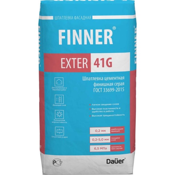 Цементная финишная шпатлевка Dauer finner exter 41g серая, 20 кг 31638 Цементная финишная шпатлевка Dauer finner exter 41g серая, 20 кг 31638