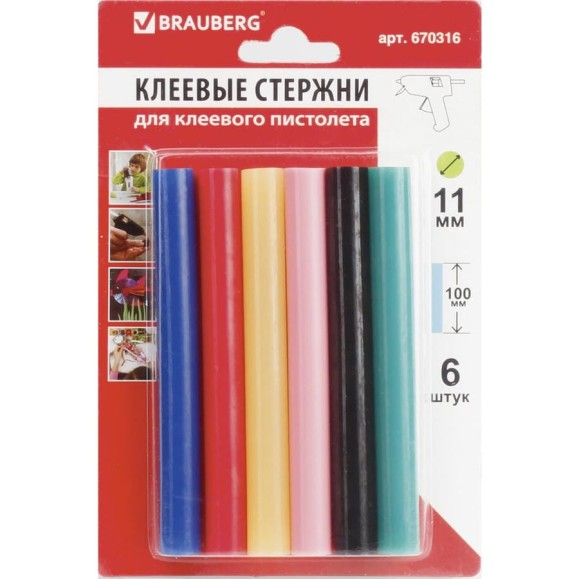 Клеевые стержни 11х100 мм, цветные, комплект 6 шт BRAUBERG 670316