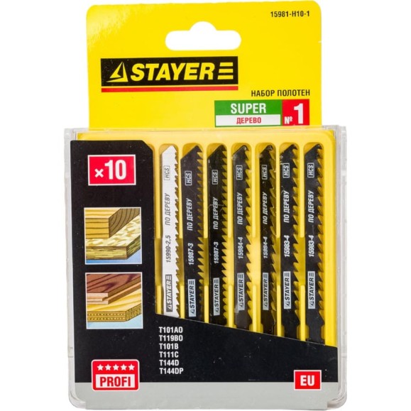 Набор полотен STAYER МАСТЕР №1 для электролобзика по дереву 10 шт. HCS T144DP T144D T111C T119BO T101B T101AO 15981-H10-1 Набор полотен STAYER МАСТЕР №1 для электролобзика по дереву 10 шт. HCS T144DP T144D T111C T119BO T101B T101AO 15981-H10-1
