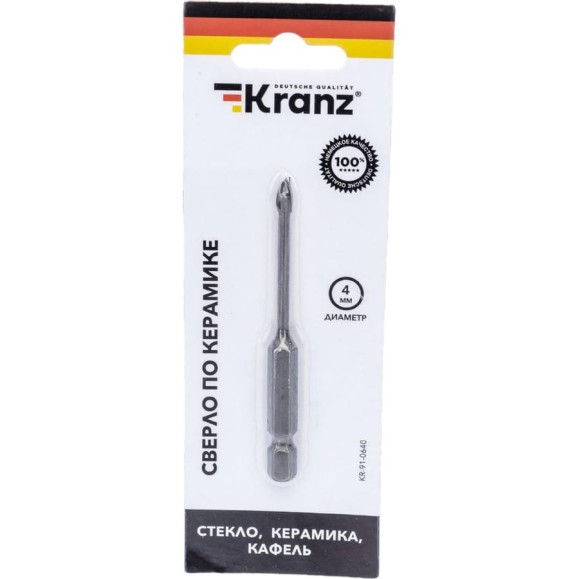 Сверло по стеклу и керамике 4 мм, 2 грани, шестигранный хвостовик KRANZ KR-91-0640 Сверло по стеклу и керамике 4 мм, 2 грани, шестигранный хвостовик KRANZ KR-91-0640