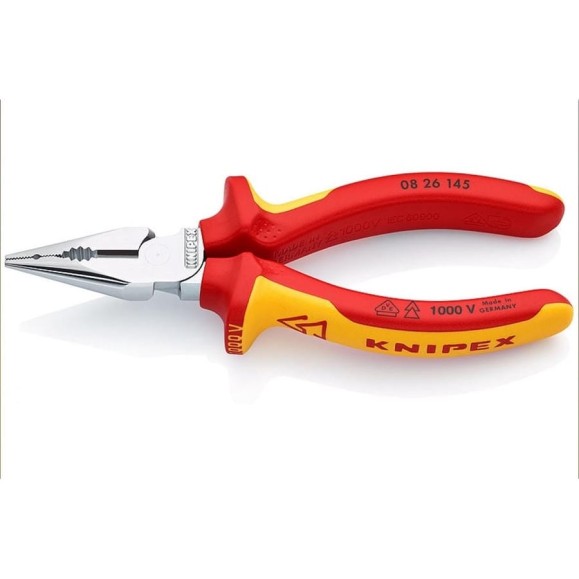 Комбинированные остроконечные плоскогубцы KNIPEX с удлинёнными губками VDE, 145 мм, хром, 2-комп ручки, SB KN-0826145SB Комбинированные остроконечные плоскогубцы KNIPEX с удлинёнными губками VDE, 145 мм, хром, 2-комп ручки, SB KN-0826145SB