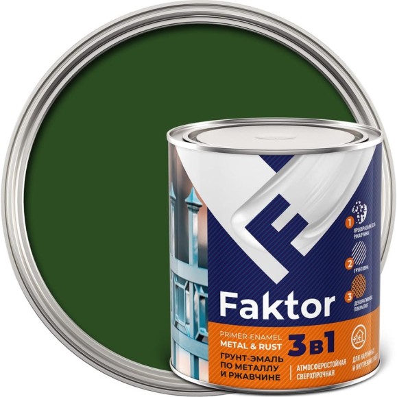 Грунт-эмаль ЯРОСЛАВСКИЕ КРАСКИ FAKTOR на ржавчину 3 в 1, зеленая, банка 0.8 кг 215146 Грунт-эмаль ЯРОСЛАВСКИЕ КРАСКИ FAKTOR на ржавчину 3 в 1, зеленая, банка 0.8 кг 215146