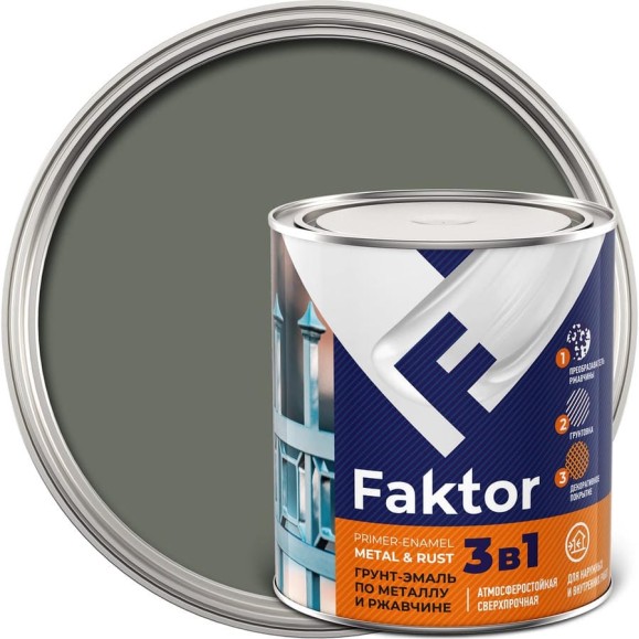 Грунт-эмаль ЯРОСЛАВСКИЕ КРАСКИ FAKTOR на ржавчину 3 в 1, серая, банка 0.8 кг 215150 Грунт-эмаль ЯРОСЛАВСКИЕ КРАСКИ FAKTOR на ржавчину 3 в 1, серая, банка 0.8 кг 215150